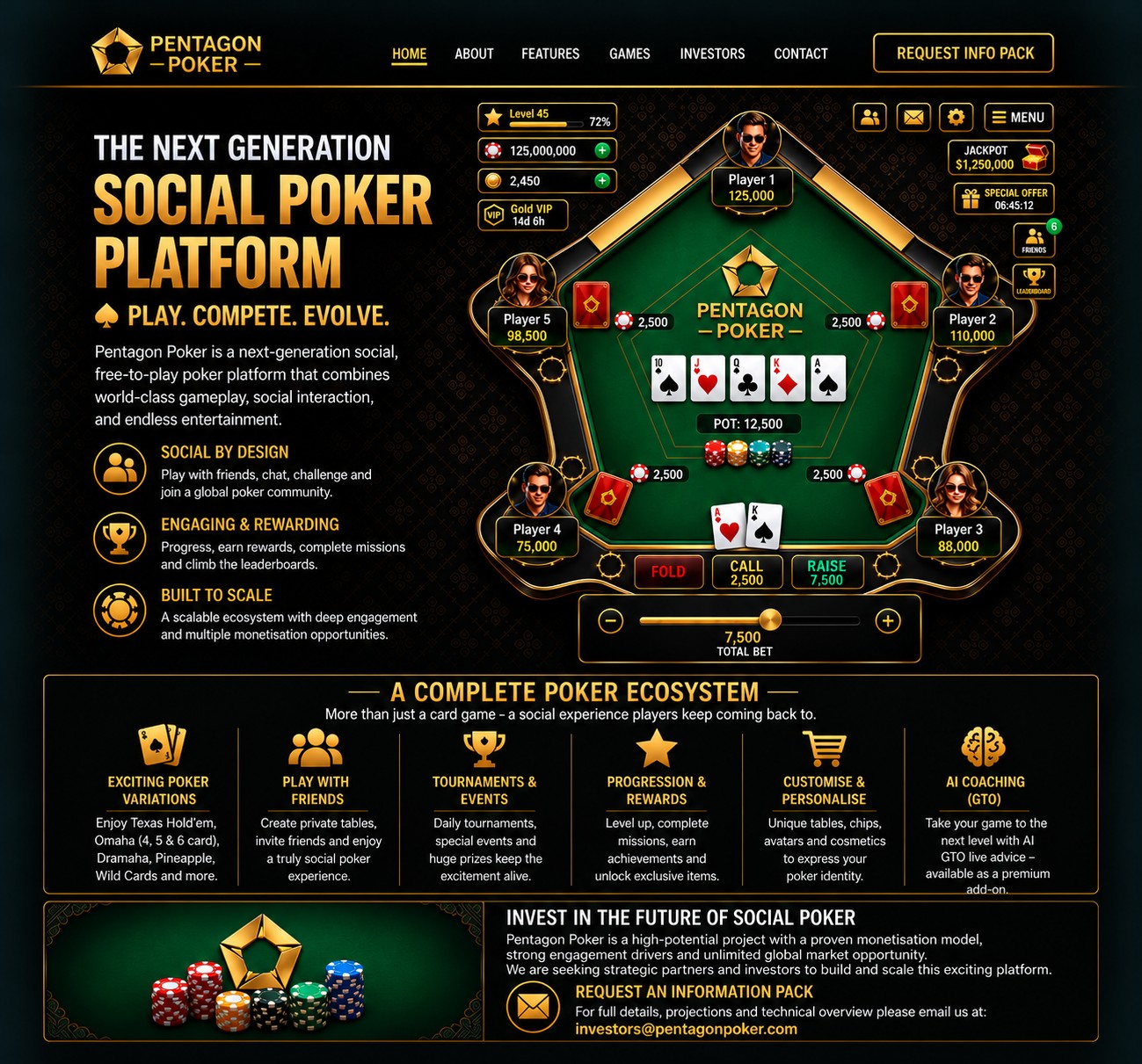 Pentagon Poker — The Next Generation Social Poker Platform. Play. Compete. Evolve.